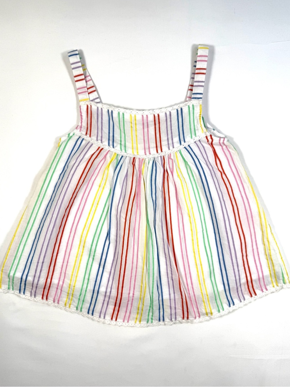 BODEN Girls'‎ Rainbow Stripe Lace Trim Babydoll Tank Top Preppy Coastal 6/7